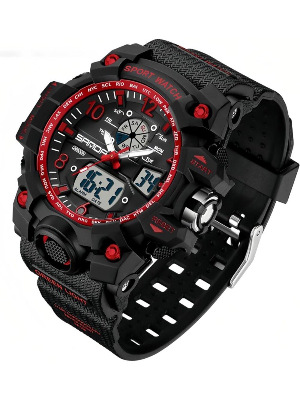 Women's Black Red Digital LED Light Large Face Analog Multifunctional Watches